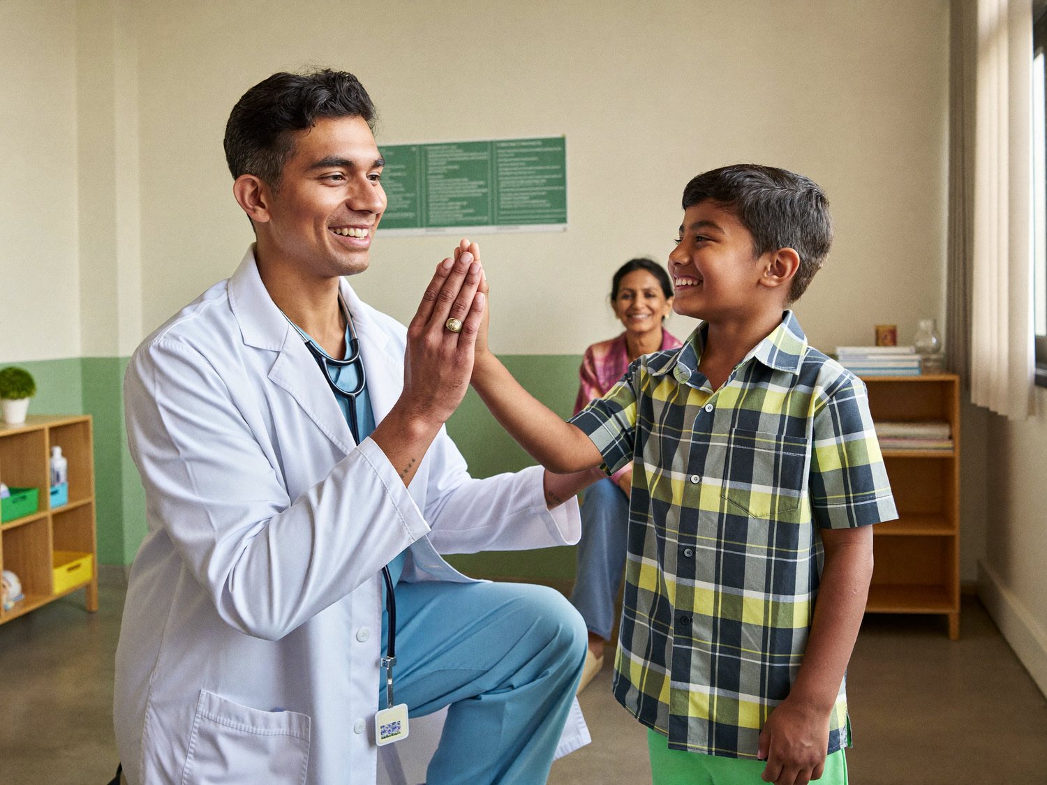 Paediatrician with a cheerful child during a check-up in Bangalore